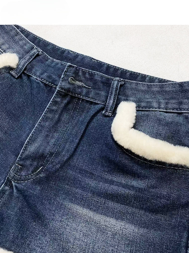 White Plush Trim Dark Blue Denim Shorts