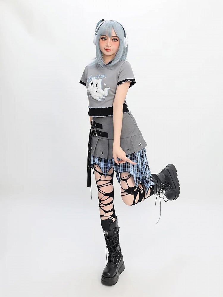Two-pieces Y2K Faux Ghost Embroidery Lettuce Hem T-Shirt Gray Plush