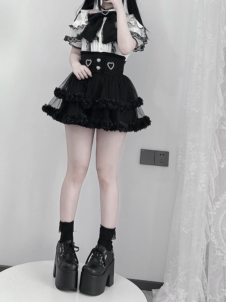 Ärmelbluse, Illusionsausschnitt, weißer kurzer Kontrast, schwarze Spitze mit Jirai Kei-Besatz