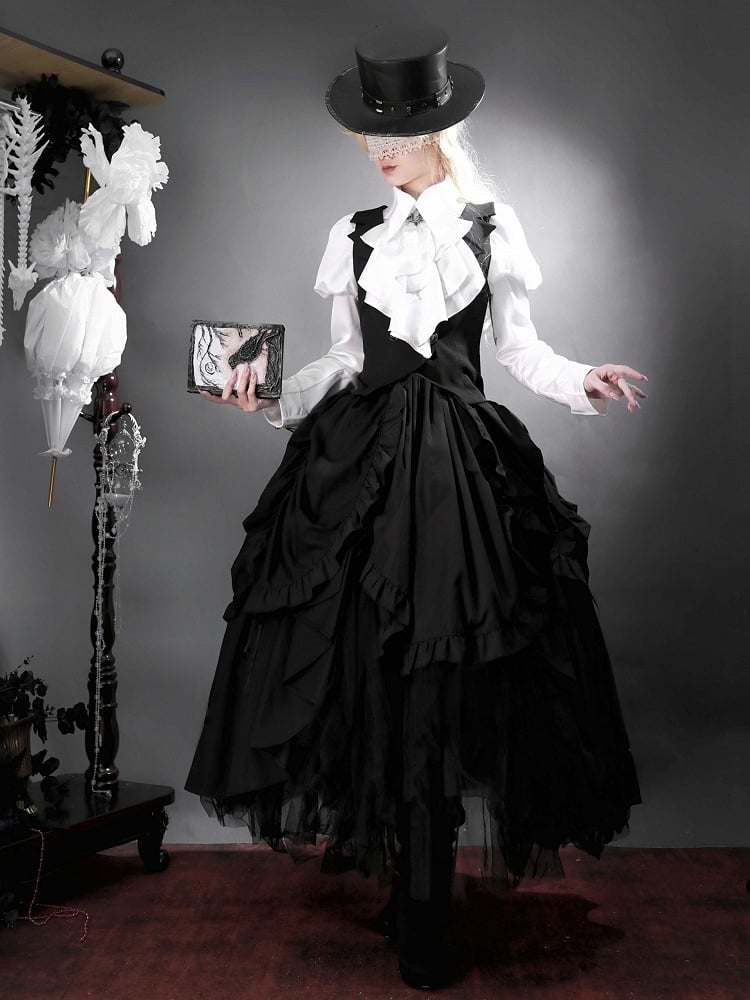 White Jabot Bat Wings Shape Collar Long Sleeves Shirt