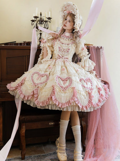 Beige Hanayome Rosette Embroidery Floral and Bead Chain Lolita OP Full Set
