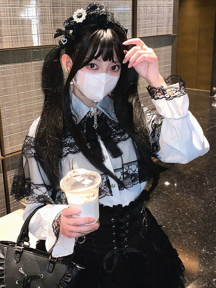 Jirai Kei White&Black/All Black Lace Cape Design Landmine Style Blouse