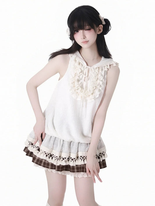 Neckline Hooded Sleeveless Top Keyhole Tassel Hem Tiered Ruffles Self-tie Beige Bohemian