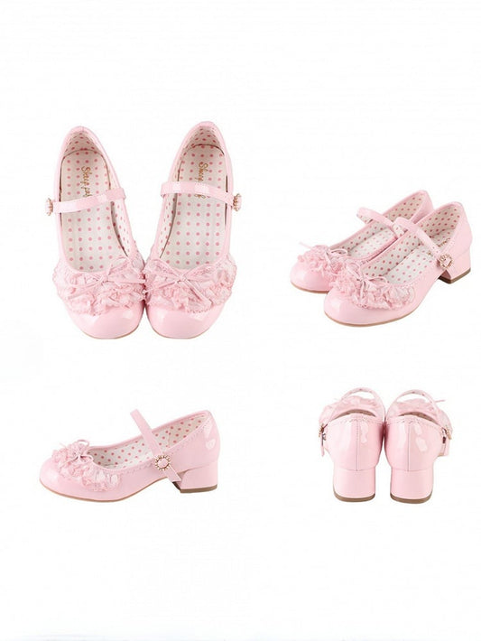 Pink Bowknot Lace Mary Beaded Buckle Round Decorated Janes Layers Multiple