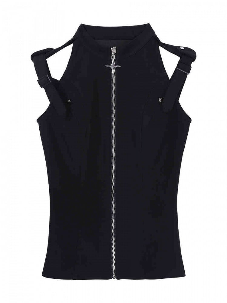 Techwear Buckle Sleeveless Top Black Shoulders Strap
