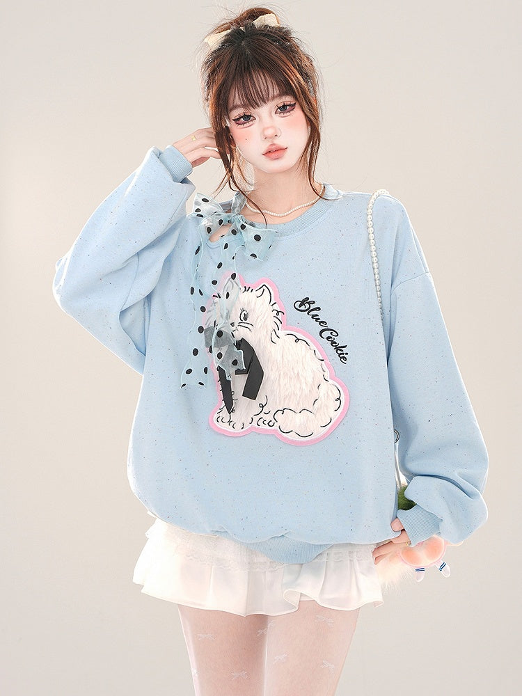 White/Blue Cute Kitty Applique Cutout Shoulder Sweatshirt Self-tie Ribbon