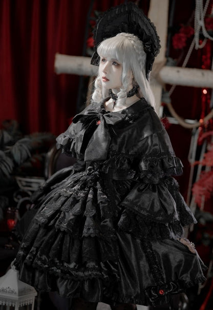 Kuro Sleeves Cape Drawstring Dress Layered Bell Gothic Skirt Lolita + Black
