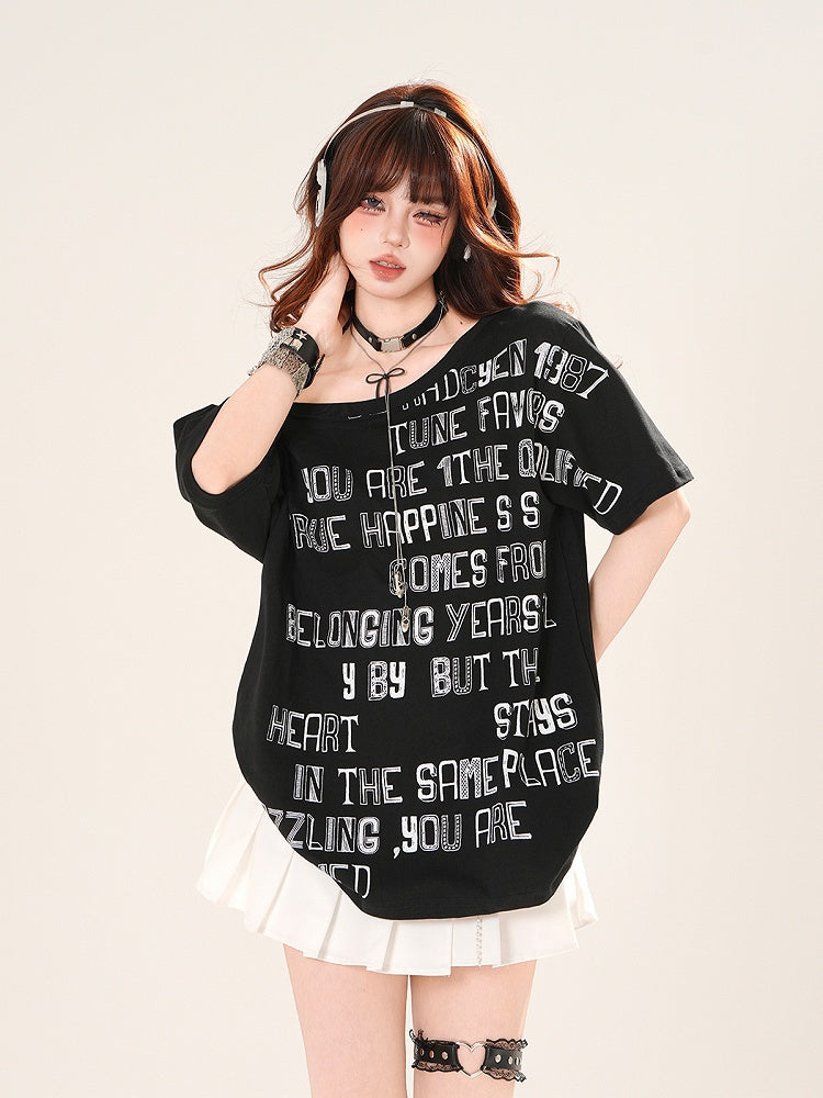 Asymmetrical Neckline Letter Print Loose T-Shirt Yellow/White/Black