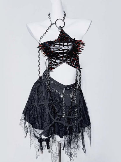 Punk Black Halter Neck Studs and Chain Star-shaped Backless Top