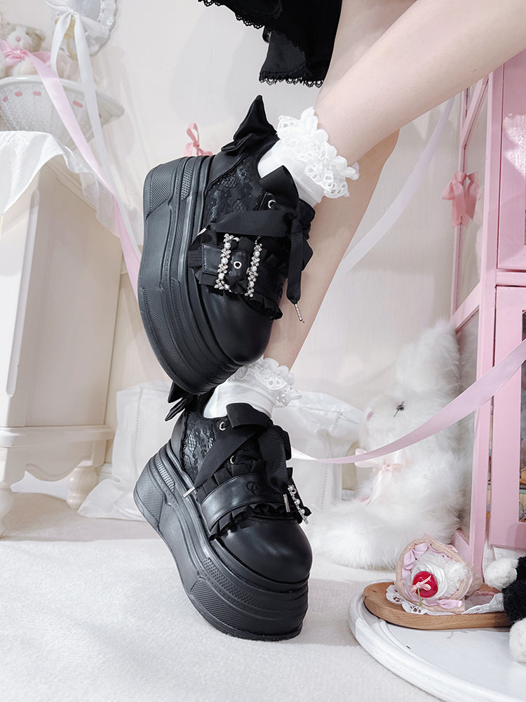 Jirai Accents Kei Shoes Black Bow Buckle Design Beaded Platforms