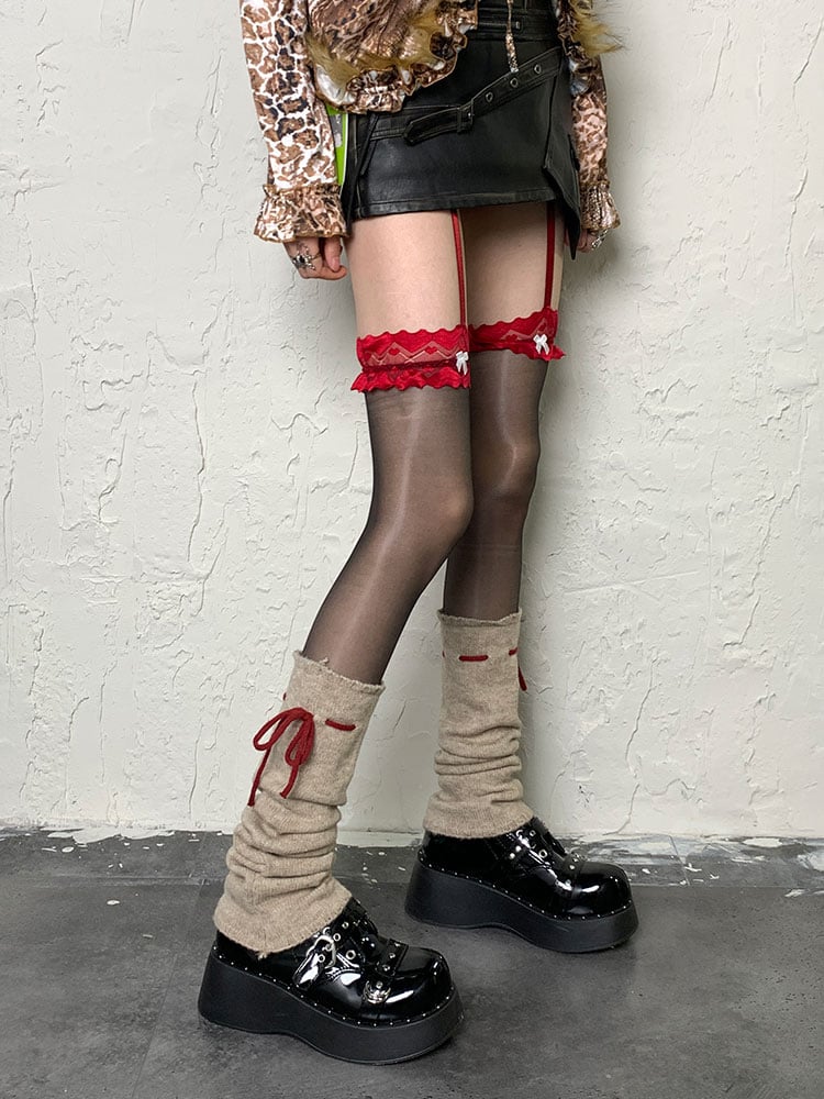 Black Red Y2K Bowknot Lace Suspender Tights