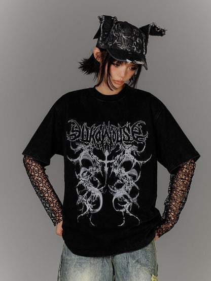 Black/White Faded Wash Cotton T-Shirt Distressed Punk Print Vintage