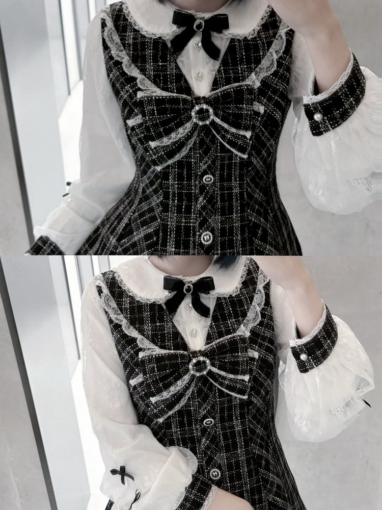 Mini Dress with Shorts Bow Set Detachable Big Jirai Kei Black  White Tweed Peter Pan Collar