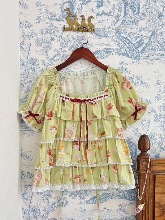 Green Print Fruit Summer Parfait Top Short Sleeves