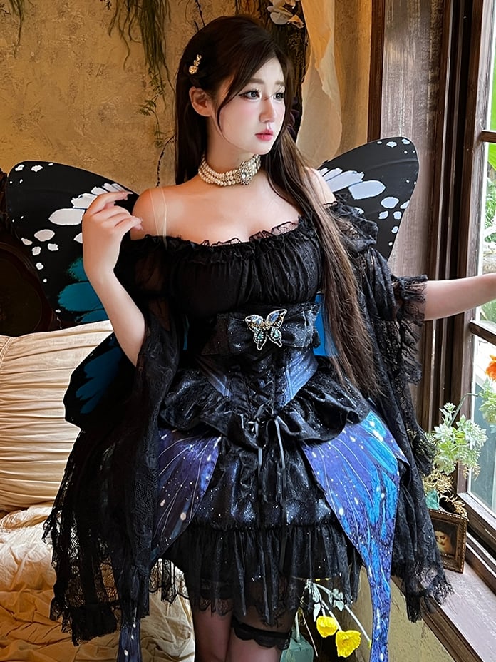 Corset + jupe à ailes de papillon féeriques bleu nuit scintillantes sous la poitrine