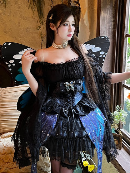 Corset + jupe à ailes de papillon féeriques bleu nuit scintillantes sous la poitrine
