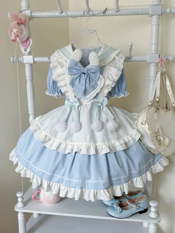 White Maid Sailor Blue Dress Sleeves Apron Ears Lolita Short Collar with Bunny