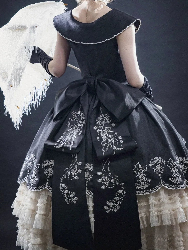 Blumen Rosa Schleppe Grün Stickerei / Schleife Groß Schwarz