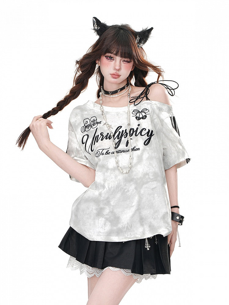 T-Shirt Loose White Asymmetrical Neckline Letter Bittersweet Print