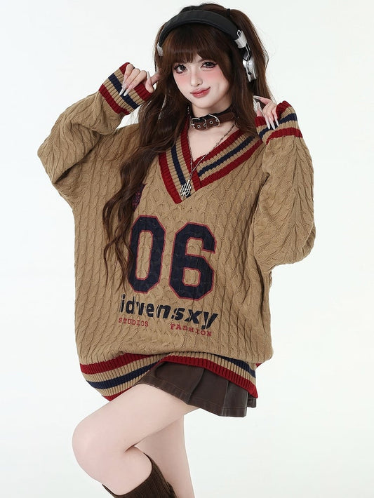 Numbers and Letters Khaki Preppy V-neck Loose Sweater