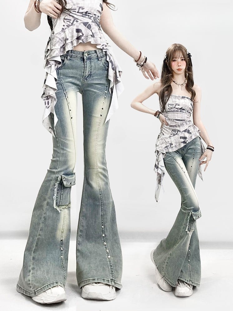 Decorated Jeans Faded Cuffs Y2K Frayed Glamorous Blue Raw Flare Pocket Silhouette Wash and