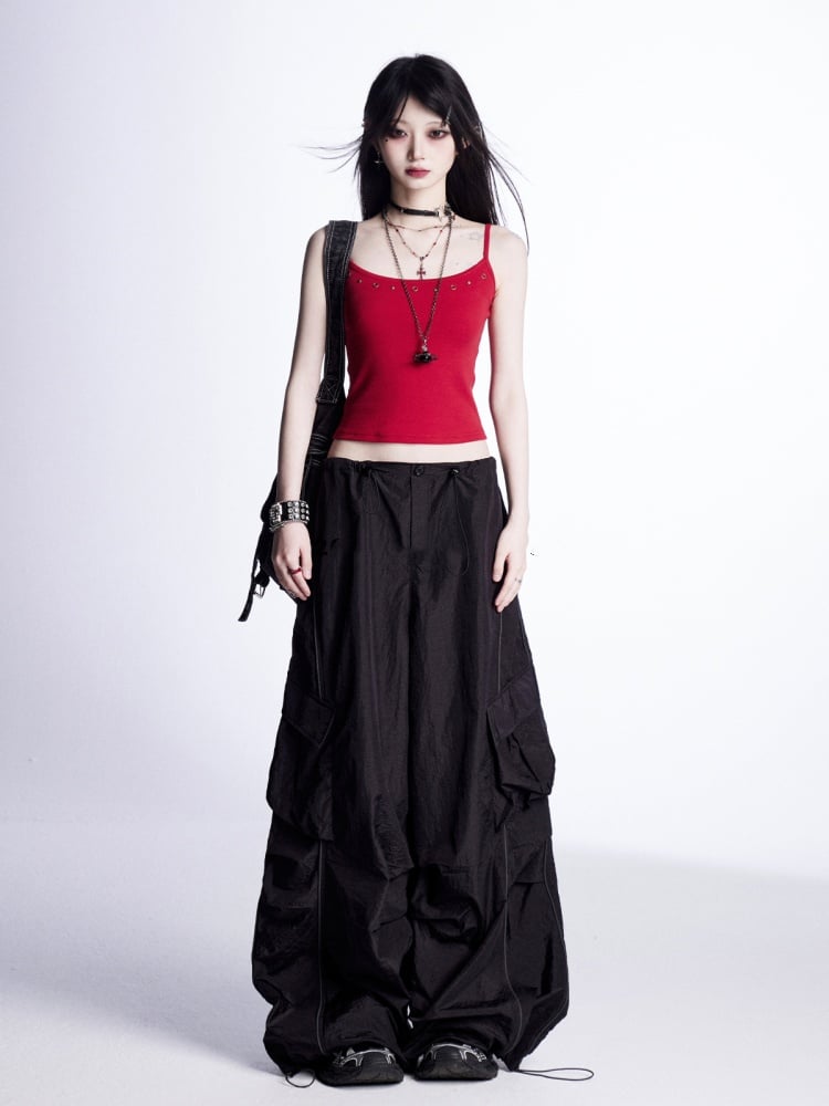 Wide-Leg Cargo Pants Waist Drawstring Cuffs Vintage Black	Low