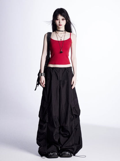 Wide-Leg Cargo Pants Waist Drawstring Cuffs Vintage Black	Low
