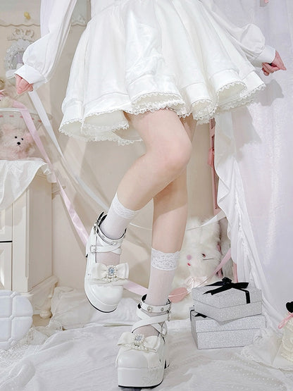 Matte Rhinestone And Bow White Block Kei at High Platform Beaded Jirai Decorated Heels Top