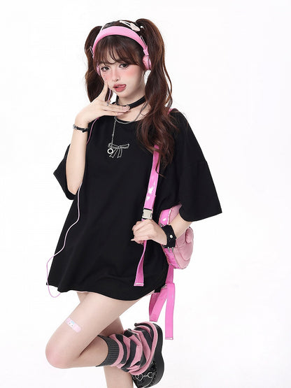 T-shirt with Details Multi-Color Black Ribbons Bow Lacing Back Print