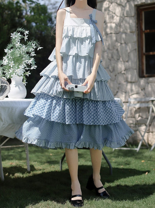 Blau mit Patchwork Urlaub Taille ärmelloses Kleid Stufenrock Gürtel