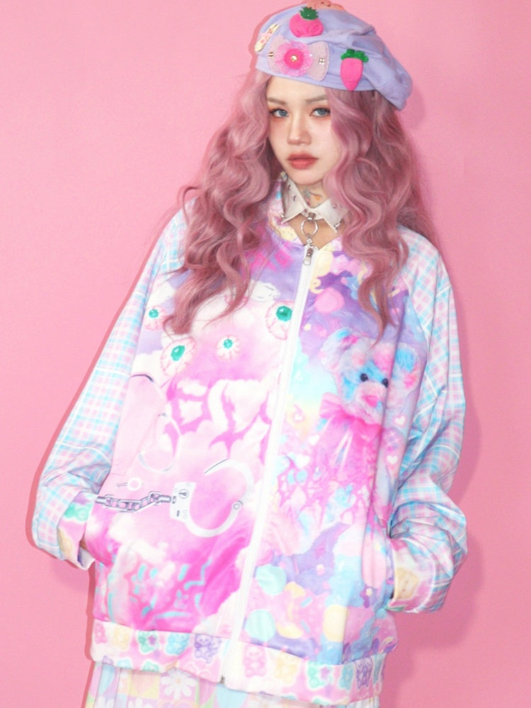 Augenjacke Kawaii Plaid Bär und buntes Muster Guro Print