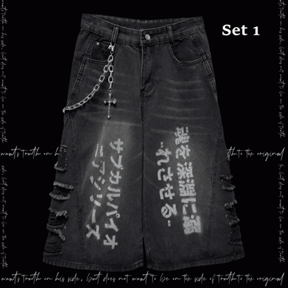 Löcher Roher Saum Punk Faded Wash Distressed Dark Wide-Leg Jeans Grau