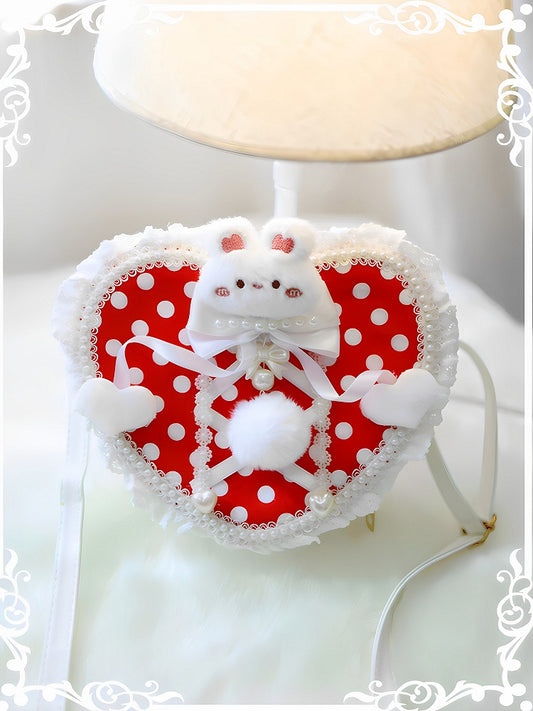 Design Crossbody Polka-dot Bag Pattern Decorated With Pompon Plush Beaded Heart-shaped Bunny Red
