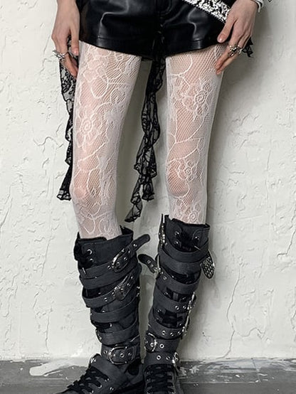 Pattern White/Black/Gray Tights Floral Y2K