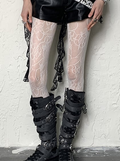 Pattern White/Black/Gray Tights Floral Y2K