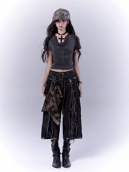 Distressed Rock Straight-leg Jeans Punk Camouflage Lace-up Front