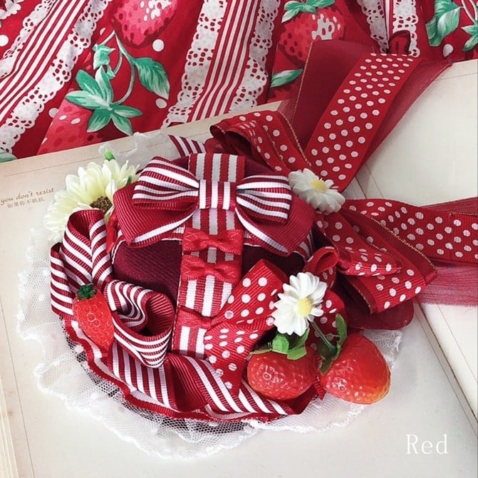 RedWhite/Black/Red Decorated Hat And Details Floral Lace Strawberry Mini Trim Bowknot