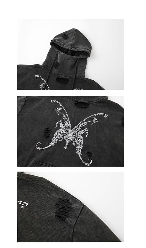 Butterfly Black Distressed Holes Punk Hoodie