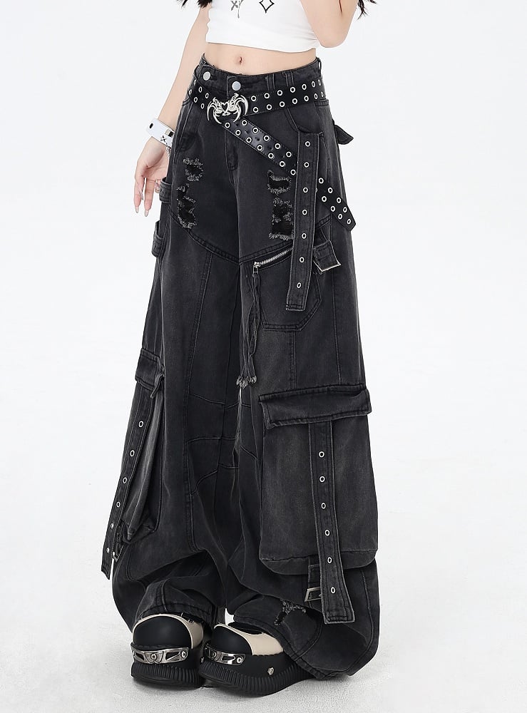 Black Rise Distressed Holes Low Jeans Wide-leg Cargo