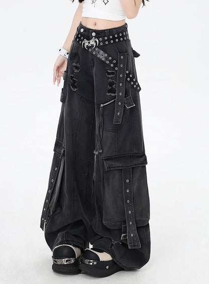 Black Rise Distressed Holes Low Jeans Wide-leg Cargo