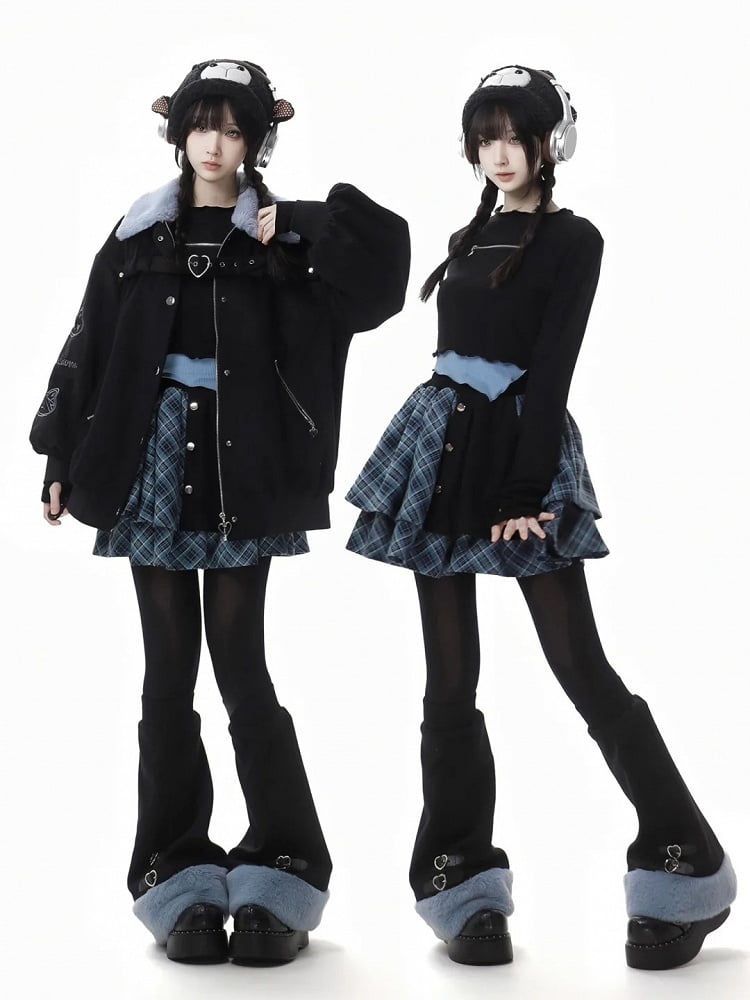 Blue&Black Plush Trim Leg Warmers with Buckle