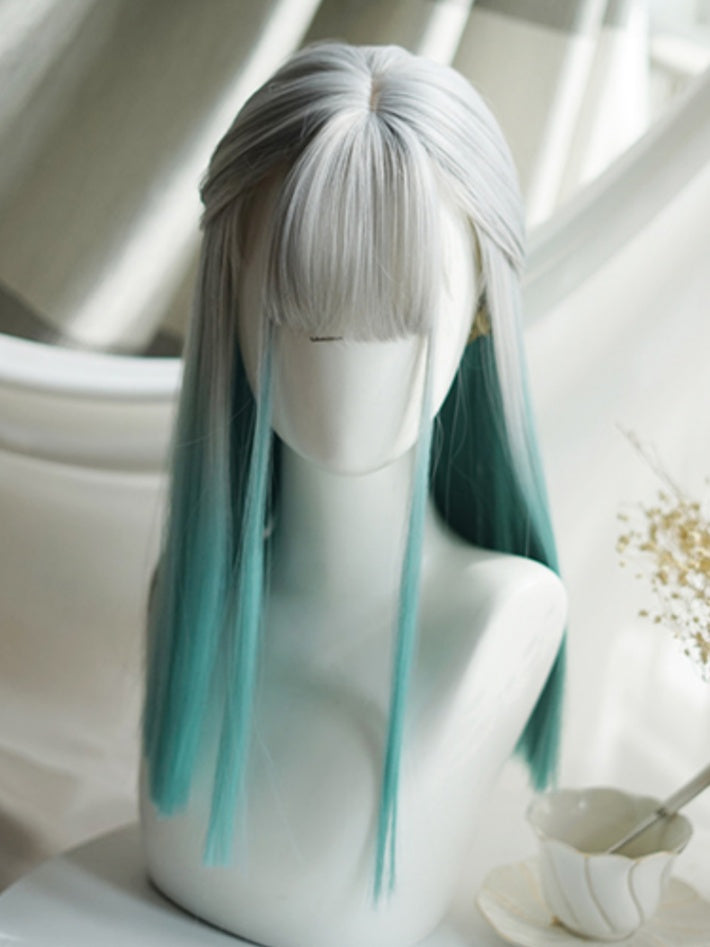 Grey-green Ombre Hair Color Above Bust Length Straight Wig With Full Bangs
