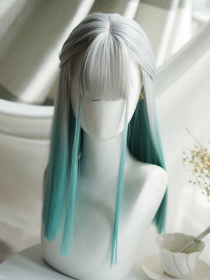 Grey-green Ombre Hair Color Above Bust Length Straight Wig With Full Bangs