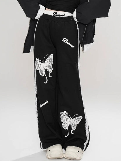 Black/Red Lace Butterflies Straight-leg Cut Pants Lace Trim