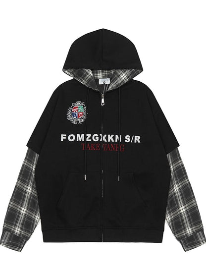 Plaid Patchwork Hoodie Schwarz Ärmel Weiß