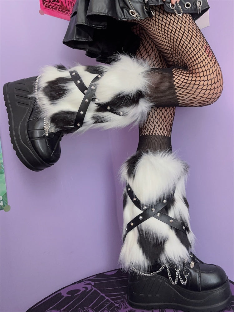 Stud Detail Strap Punk Shaggy Leg Warmers
