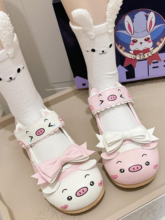 Pink Themed Piggy Detachable Bow White with Flats PU Cute
