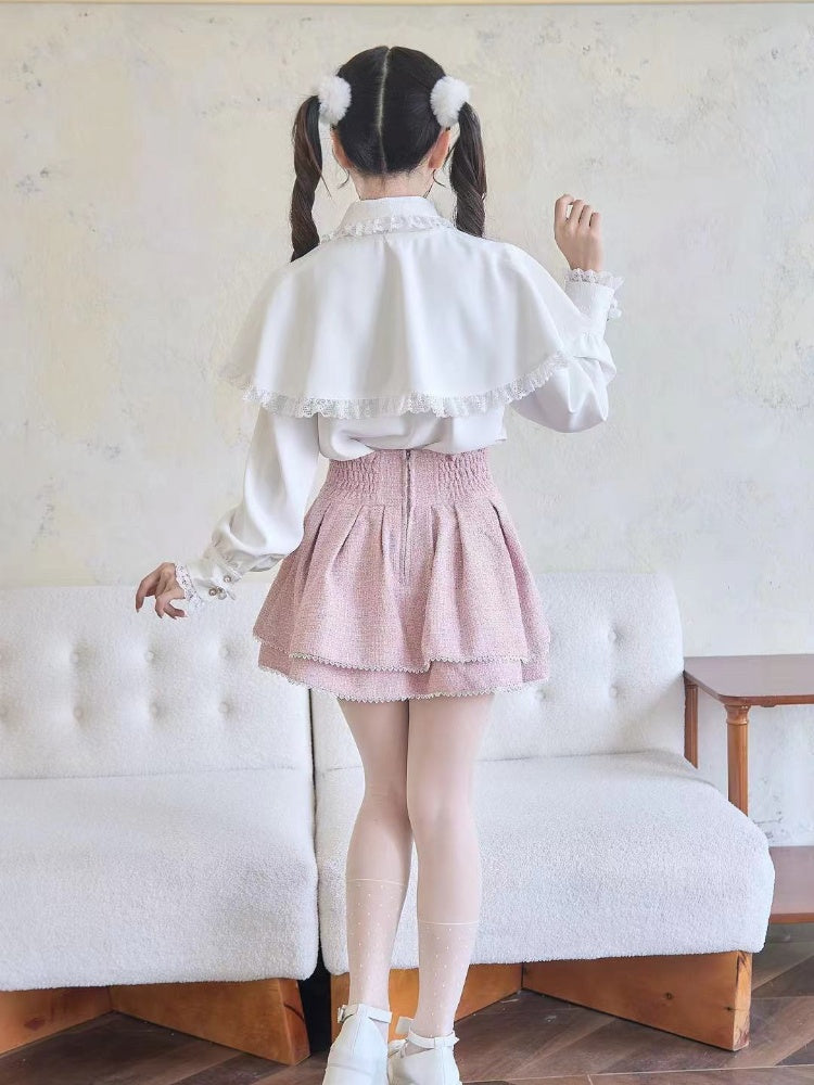 Tweed Skirt Waist Pink Jirai Kei Heart Rhinestones High