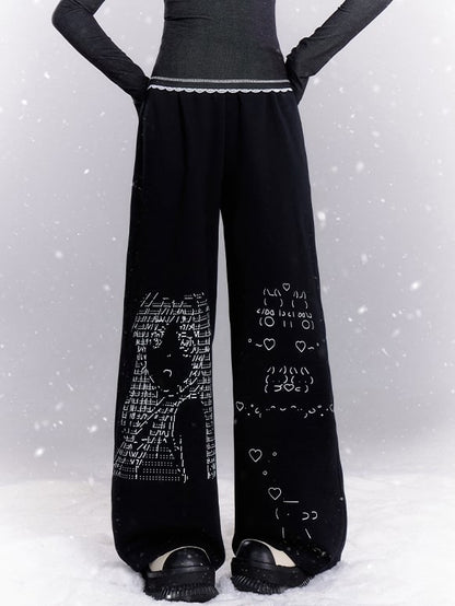 Black Manga Girl Print Straight-leg Cut Pants