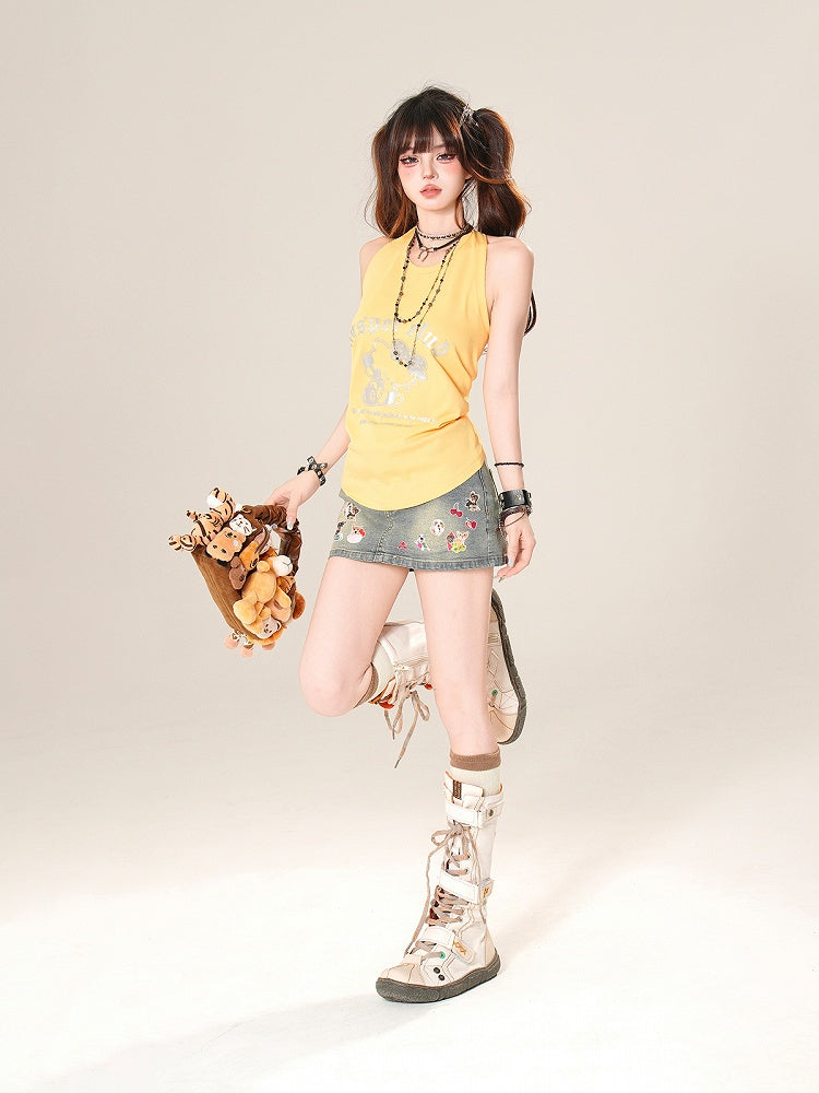 Kitty Print Halter Neck Tank Top Yellow/White